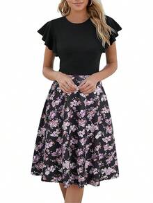 Women's Semi-Formal Ruffle Sleeve V-Back Work Fit And Flare Cocktail Knee Length Dress With Pockets, 2025 Style - Black Purple - 查看 10