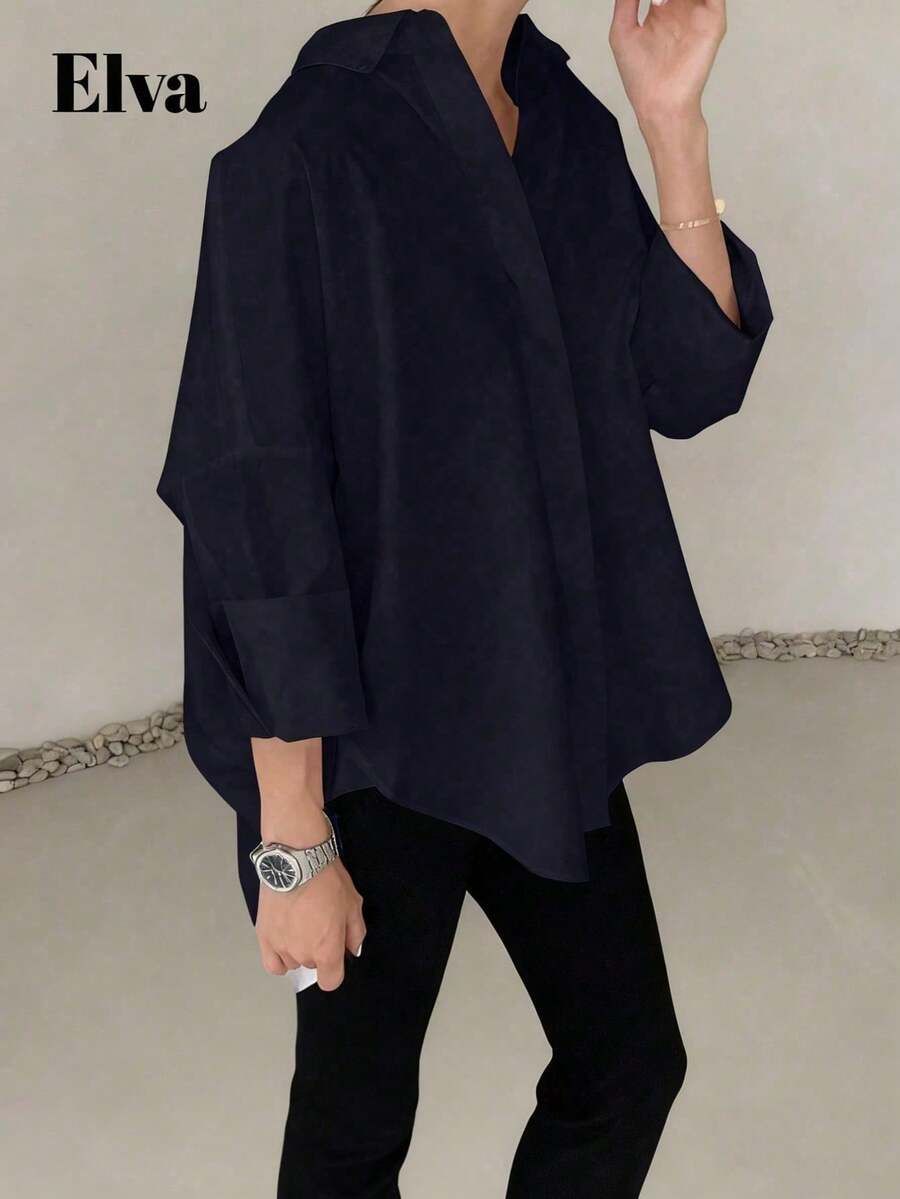 VELLA 女款秋季優雅寬鬆 3/4 袖捲袖口大尺碼襯衫,適合通勤、返校、外出、休閒 - 藏蓝色 - 查看 1