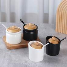 1 套 5 盎司调味罐，150 毫升陶瓷香料罐，带竹盖和勺子，厨房和餐厅调味品储存容器，家用调味料和香料盒，适用于辣椒粉、盐、糖、胡椒