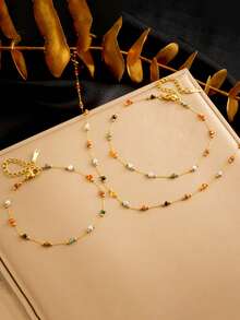 Bộ trang sức thời thượng INS gồm vòng cổ, vòng tay và lắc chân làm từ đá tự nhiên phối màu ngẫu nhiên, chất liệu thép không gỉ mạ vàng 18K, thích hợp làm quà tặng. - vàng - Xem 1