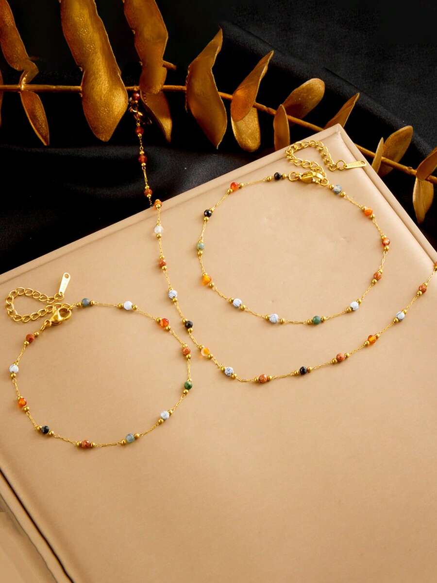 Bộ trang sức thời thượng INS gồm vòng cổ, vòng tay và lắc chân làm từ đá tự nhiên phối màu ngẫu nhiên, chất liệu thép không gỉ mạ vàng 18K, thích hợp làm quà tặng. - vàng - Xem 1