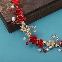 Tocado para banquete de novia, diadema roja, accesorio para el cabello tipo hada del bosque, decoración para vestido de novia, corona floral, diadema de aleación de zinc de moda para fiesta y boda