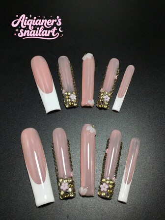 Each Set Consists Of 10 Handmade Acrylic Panels In The Shape Of Y2K Coffins, Designed In French Style With Rhinestones And Petal Decorations, Available In Multiple Tones And Nude Colors. 3 Sizes To Fit, Suitable For Christmas, Parties, Dances, And Daily Wear. Comes With A Nail Kit, Making It An Ideal Press On Nails Gift For Ladies And Girls.