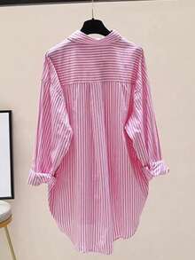 女士条纹前开襟纽扣口袋休闲落肩长袖宽松衬衫 粉色 春季 - 粉色 - 查看 2