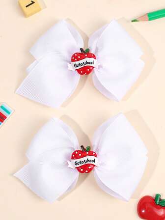 2pcs Back To School White Grosgrain Fabric Hair Bows,Apple Accessories Hair Bows,Cute Hair Barrettes For Girls Kids Students Party Gifts