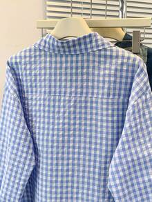 Spring Plaid Shirt With Dachshund Embroidery Pocket Casual Top - Light Blue - View 7