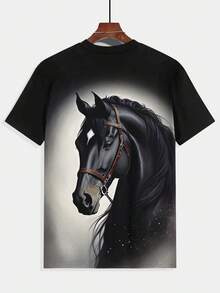 Men'S Black Horse Graphic T-Shirt - 3D Print Design, Casual Summer Tee With Elegant Horse Illustration, Perfect Gift For Horse Lovers, Casual Summer Wear |   Elegant Horse Design |   Comfortable Fit, Horse Tshirt - 彩色 - 查看 2