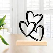 Letrero de hierro con forma de corazón hueco de tres niveles para San Valentín con base de madera, ideal para mesas, fiestas y eventos en casa. - Negro - Ver 1
