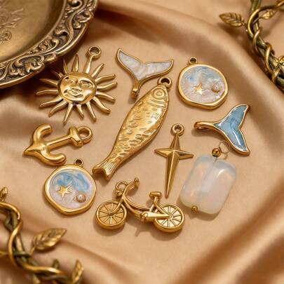 5pcs Stainless Steel Fashion Charm Mermaid Tail, Sun, Bicycle, Fish Hook, And More Pendants Bag Charms DIY Jewelry Accessories For Necklace And Earring Making