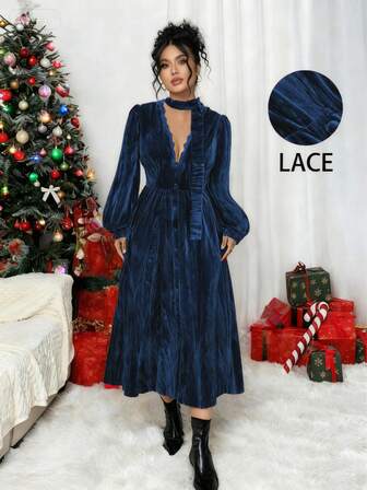 Plus Size Women's French Lace Trim Deep V-Neck Ruched Textured Velvet Christmas & New Year Party Dress