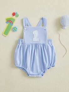 Baby Girl Boy 1st Birthday Clothes One Year Old Bubble Bodysuit Backless Rib Romper Cake Smash Outfits - 藍色 - 查看 5