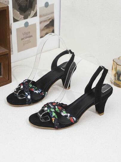 Y2K Colorful Woven Strappy Heels For Teen Girls, Black Suede Boho Platform Sandals With Transparent Heel Strap, Chunky Mid Heel Wedding Party Casual Shoes