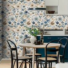 Papel tapiz azul floral elegante con adhesivo extraíble - Papel de contacto de vinilo impermeable y removible con diseño de estilo francés para dormitorio, sala de estar, gabinetes y renovación de muebles, decoración de pared del dormitorio - Multicolor - Ver 5