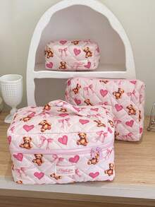 1 Piece Large Capacity Make Up Bag Cute Bow Print Cosmetics Storage Bag Foam Quilted Makeup Clutch Pouch Handheld Travel Toiletry Bag Multi-Functional Items Storage Bag Set Heart-Shaped Pattern Lipstick Pouch Pink Home Items Storage Bag - Pink - View 2