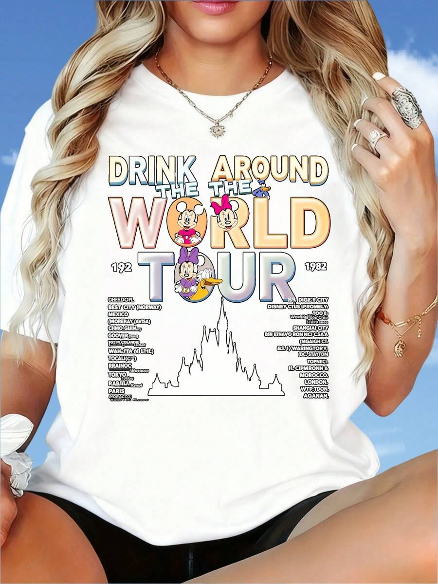 Drink Around The World Tour T Shirt    Theme Park Adventure Graphic Tee Women Casual Summer TopDisney Fun Print, Merry Christmas, New Year, Christmas Party Dress, Women's Round Neck T-Shirt, 220g - White - View 1