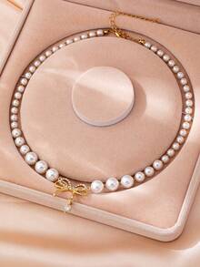 1件优雅水钻珍珠蝴蝶结项链，适合女士日常、约会、晚宴佩戴