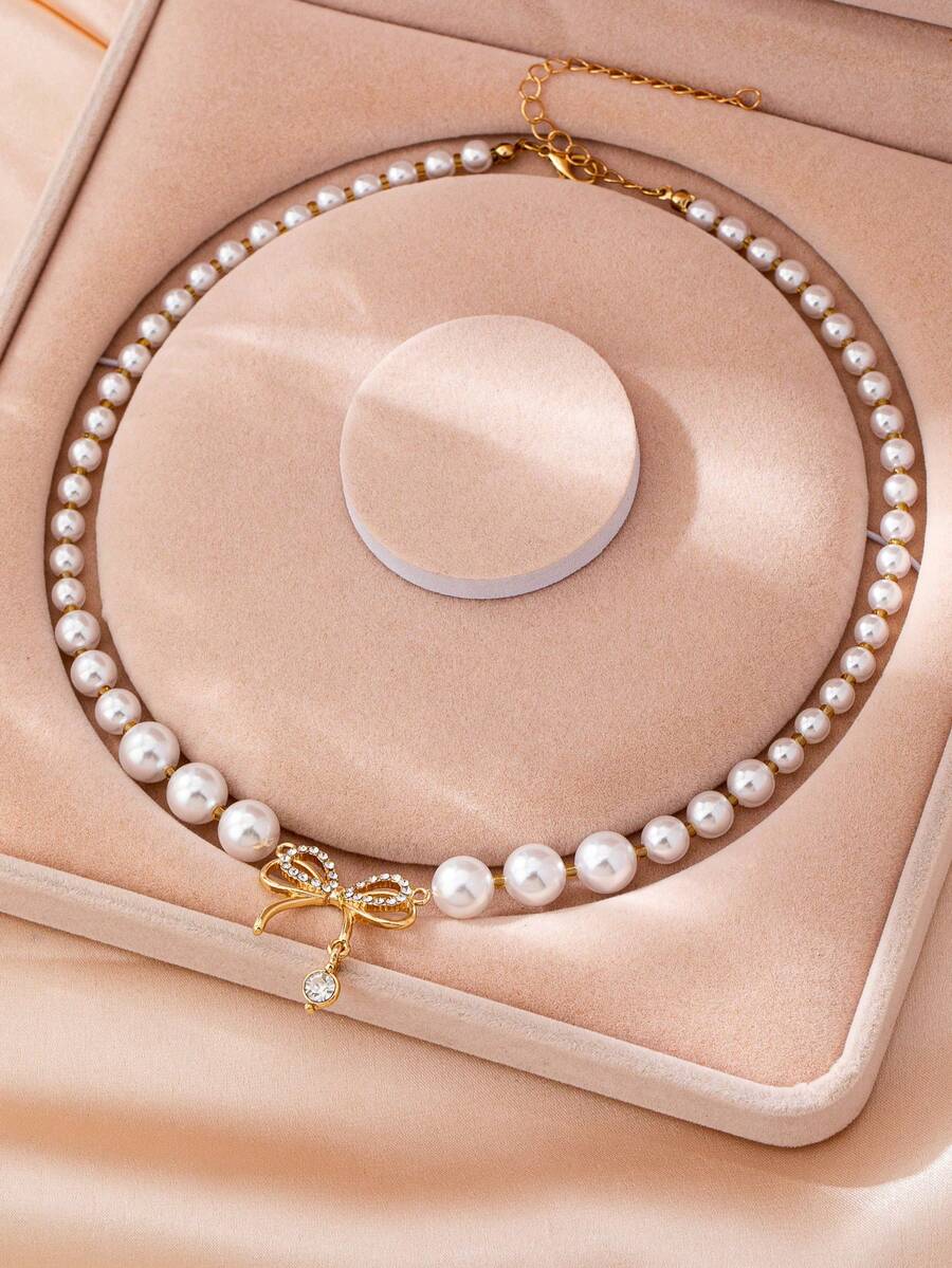 1件优雅水钻珍珠蝴蝶结项链，适合女士日常、约会、晚宴佩戴