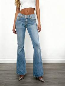 跨境女装四季复古气质宽腰头排扣修身低腰水洗紧身牛仔裤休闲辣妹简约百搭女牛仔裤 - 中等水洗藍 - 查看 2