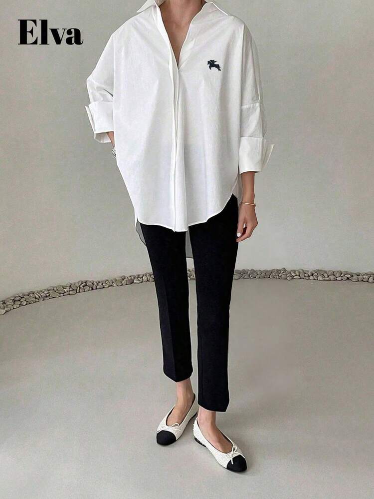 ELVA黑色波点复古奢华风长袖宽松衬衫，适合女性办公室穿着，包括工作上衣、秋季女装、返校季服装、返校派对礼服、男友风教师装、商务休闲女装。 - 白色 - 查看 4