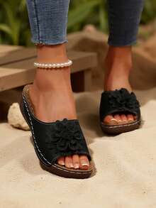 Women's Solid Color Wedge Slide Sandals, Casual Open Toe Retro Thick Bottom Ladies Sandals, Summer Floral Slippers, Non-Slip Wedge Slip-On Beach Sandals - Black - View 5