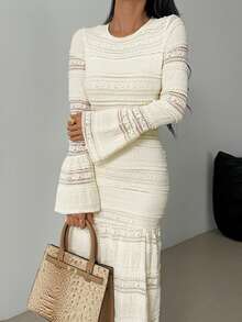 Women's Elegant Ruffle Trim Flare Sleeve Dress, Suitable For Wedding, Office, Daily Wear, Autumn