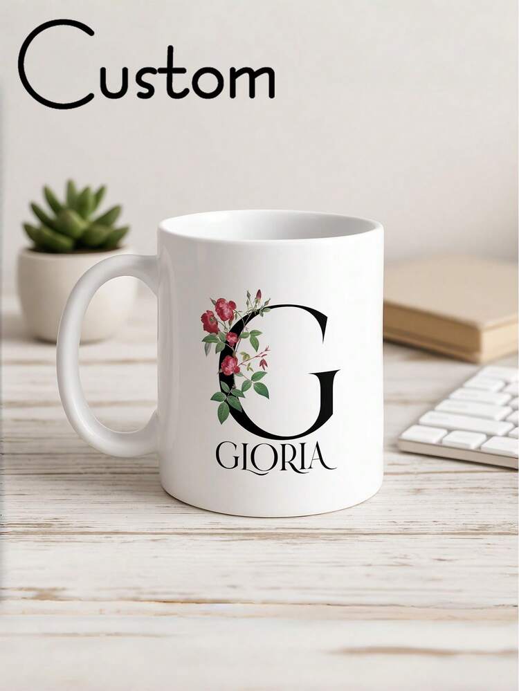 1pc, 11oz Personalized Birthday Floral Initial Mug, Customizable Name Floral First Letter Cup, Birthday Month Floral Coffee Gift, Birthday Gift For Mom Or Grandma - Multicolor - View 12