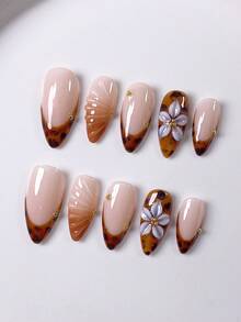 Bộ 10 miếng dán móng tay ngắn thủ công, bao gồm các kiểu móng Y2K, móng Pháp, móng hạnh nhân, móng nâu, móng trắng, móng đen, móng họa tiết da báo, móng vàng kim, móng vàng, được làm thủ công bằng gel, trang trí bằng hoa 5 cánh màu trắng chạm khắc thủ công đính đá, kèm theo dụng cụ làm móng, phù hợp cho phụ nữ và các cô gái sử dụng hàng ngày trong mùa thu/đông. - Màu nâu  Mocha - Xem 5
