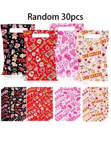 30pcs Valentine's Day Party Tote Bag Plastic Treat Bag With Handle Valentines Candy Bags Heart Goodie Bags For Valentine's Day Party Favor Supplies Classroom Gift Exchange, Valentine Party Favors, Holiday Gift Packaging, Festive Party Decorations