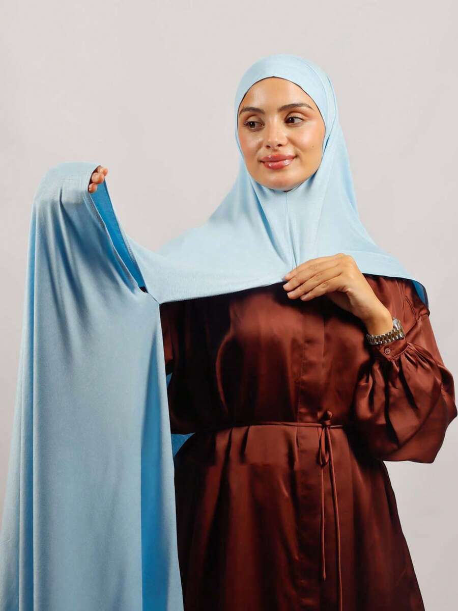 1 szt. Damski natychmiastowy hidżab, jednokolorowy dwuwarstwowy szal na głowę Khimar, wygodny natychmiastowy szal na szyję, oddychająca i wygodna długa chusta na głowę, odpowiednia do całorocznego użytku i codziennego noszenia przez muzułmanki - Jasnoniebieski - Zobacz 1