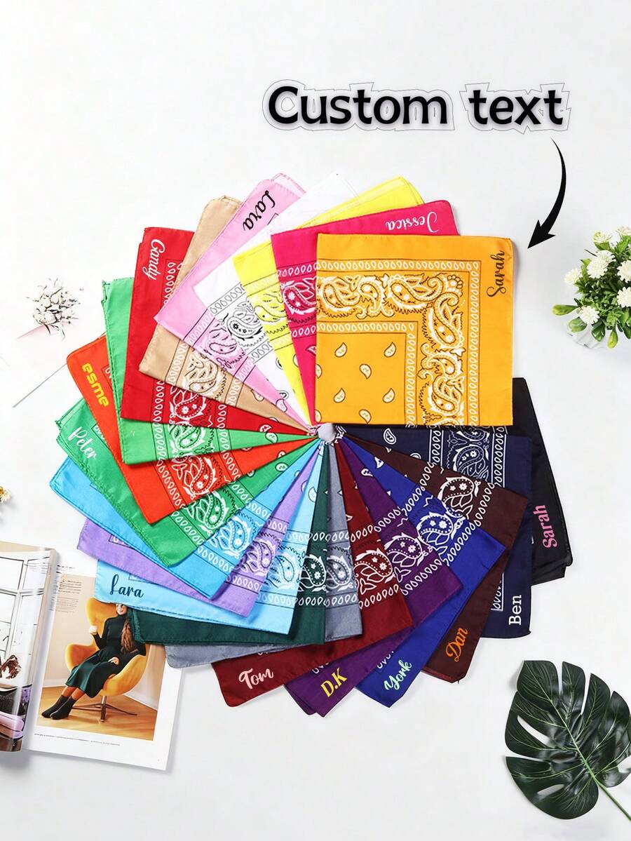1件客製化印花方巾，可自訂文字，尺寸 (55x55cm)，多色可選，多功能頭巾 & 圍巾，防風，適合日常、休閒與旅行的理想禮物 - 彩色 - 查看 1