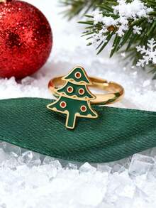 1件节日卡通风格不锈钢圣诞树可调节开口环，女士节日庆祝礼物 - 金黃色 - 查看 3