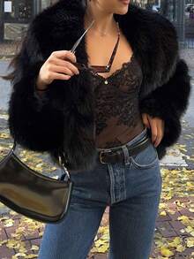 Women's Solid Color Faux Fur Jacket, Long Sleeve Warm Winter Coat, Fashion Lapel Loose Casual Jacket Black - 黑色 - 查看 4