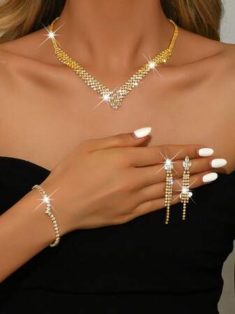 5件套优雅几何设计首饰套装：项链、耳环、手链和戒指，适合女性日常通勤、婚礼、派对、节日、礼品等场合佩戴。