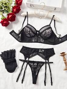 4-Piece Sexy Series Hollowed Out Straps Lace Bow Ladies Sexy Underwear Set,Christmas Lingerie,Christmas Lingerie Women,Lingerie For Women,Lencería Erótica De Mujer,Lingerie Set,Christmas Outfit Women,Lingerie For Women Roleplay,Lingerie For Women>Costume,Sexy Lingerie - 黑色 - 查看 10