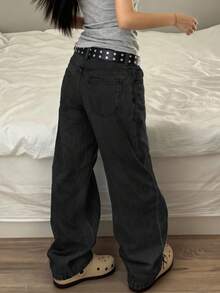 女士复古宽松直筒牛仔裤 - 黑色 - 查看 4