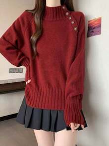 レディース-ハーフハイネック-ニット-秋冬-新モデル-日系-ゆったり-だるい-長袖-セーター-プルオーバー - ブラック - チェックする 7