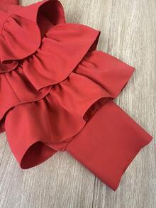 女士休闲舒适红色衬衫，采用三层荷叶边下摆设计，长袖，撞色条纹领口和门襟，单扣前襟，适合圣诞节、中国新年和情人节穿着。 - 紅色 - 查看 8