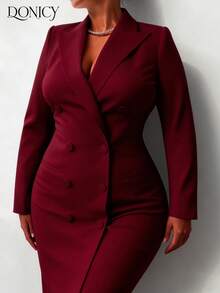 DONICY 大码女式春夏纯色双排扣假口袋长款西装外套，时尚简约优雅奢华，适合办公室通勤穿着，休闲、商务、正式场合、约会、购物等各种场合。 - 酒紅色 - 查看 7