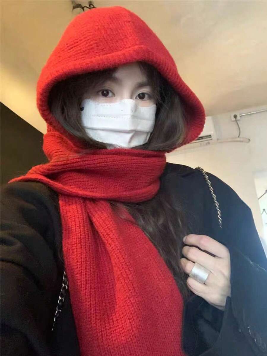 女士羊毛冬季连帽围巾套装，针织帽围巾套装，拉法帽，适合户外滑雪，保暖针织围脖连帽衫，适合冬季防寒