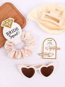 4件套伴娘礼品套装 - 香槟色，包含伴娘发夹、伴娘发圈、伴娘眼镜、新娘派对礼物、缎面柔软发饰、伴娘婚礼回礼、女士发饰、爪夹、发卡，情人节情人节配饰礼物、头饰 - 彩色 - 查看 4