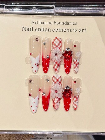 10pcs Red French Rhombus Style Handmade Acrylic Press-On Nails, 3D Floral Red Diamond Polka Dot Rhinestone Long Stiletto Point Fake Nails, French Nail Tips, DIY Nail Art Supplies, Reusable, With Jelly Glue And Nail File, For Daily Life In Autumn And Winter And New Year And Valentine'S Day