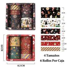 12 Rollos de Cinta Washi de Navidad, Patrón de Elementos Navideños,Papel de Aluminio Dorado,Cinta Decorativa para Albumes de Recortes, Diario,Regalos de Navidad (Rojo y Negro-Caja Blanca!) - Rojo y negro - Ver 7