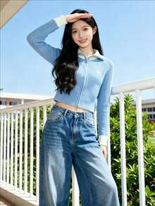 Adidas Originals FW25 TEAM FULLZIP Women's Sporty Slim Fit Casual Zipper Knit Long Sleeve Jacket KF0719 - Blue/White - View 9