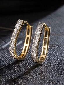1 par de pendientes de aro elegantes y minimalistas con rhinestones geométricos, adecuados para uso diario y fiestas - Dorado - Ver 5