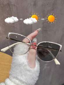 1pc Metal Round Cat Eye Frame Indoor Computer Reading Outdoor Photochromic Spring Temple Fashion Women Fashion Glasses - Lenses / Photochromic Lenses - View 12