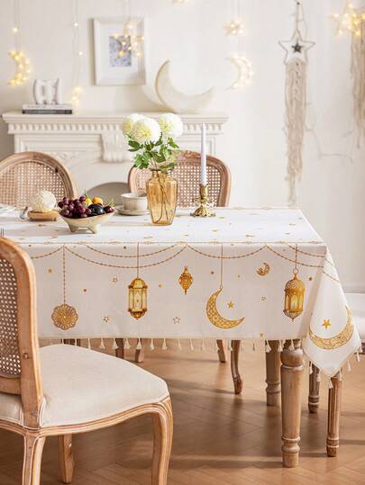 1pc Beige Ramadan Tablecloth, Gold Star & Moon Pattern, Rectangular Table Cover, 3D Bamboo Texture, Beige Tassel Decor, Washable, Suitable For Gatherings, Dinners, Arabic Style Holiday Celebrations, Gifts