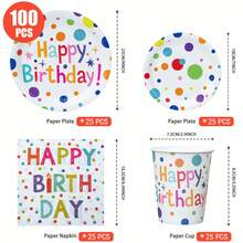 彩色波点生日快乐一次性餐盘、餐巾纸、杯子 - 生日主题餐盘、餐巾纸和杯子派对用品，可供25位客人使用，一次性纸盘派对餐具，适用于生日、婚礼、派对、家庭野餐 - 彩色 - 查看 2