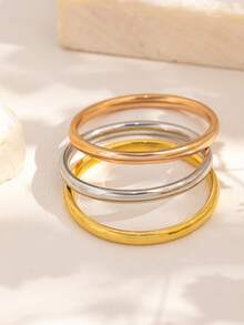 1pc 3 PiecesMinimalist Smooth Finish Ring Set, Lightweight Luxury Stacking Design, Fashionable Accessory For Women, Everyday Wear & Commute, European Style - Simple Round Ring - View 1