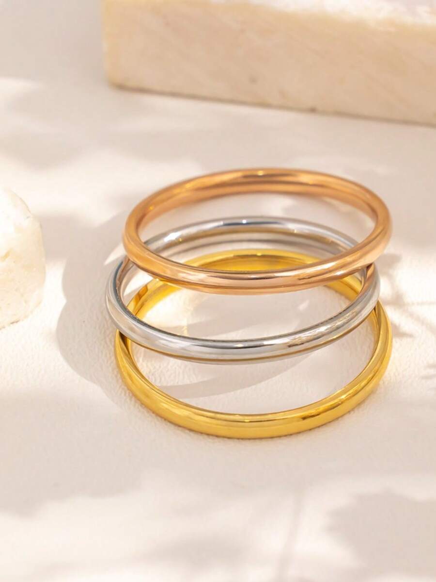 1pc 3 PiecesMinimalist Smooth Finish Ring Set, Lightweight Luxury Stacking Design, Fashionable Accessory For Women, Everyday Wear & Commute, European Style - Simple Round Ring - View 1