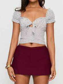 Blusa Casual Elegante Feminina com Bolinhas de Verão, Nó na Frente e Mangas Bufantes, Perfeita para Encontros no Dia dos Namorados, Férias e Uso Diário Chique, Branca - Branco - Visão 6